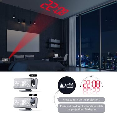 Projection Alarm Clock Digital LED Alarm Clock with Charger, Radio Alarm Clock with USB Charging Port, Dual Alarm Clock, LED Mirror Display, Adjustable Brightness, Temperature and Humidity Display, Black
