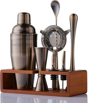 Набір для коктейлів Mint&Mortar 7 шт. з бамбуковим підставкою, з нержавіючої сталі, барменський набір з інструментами для дому та професійного використання, 680 мл, міксер (чорний) з щіткою золота