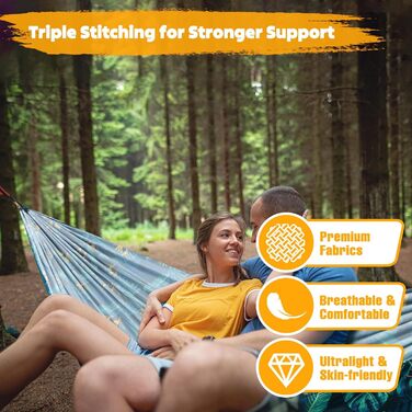 Гамак для кемпінгу NATUREFUN | Легкий, міцний (300 кг), дихаючий, швидковисихаючий, з карабінами та шнурами | Для відпочинку вдома, в саду, на природі | Армійний зелений (275 x 140 см)