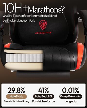 Ігровий крісло Dowinx з масажем, ергономічний дизайн, підтримка попереку та шиї, до 135 кг, шкіра, для дорослих (червоний)