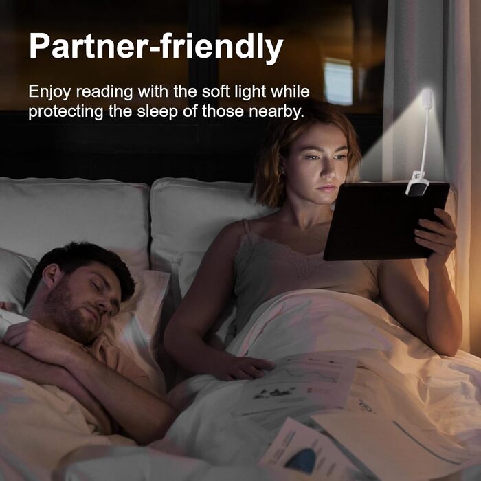 USB LED лампа для читання з кліпсою, 3 режими температури кольору, регульована яскравість, гнучка на 360°, для ліжка, столу та подорожей, біла
