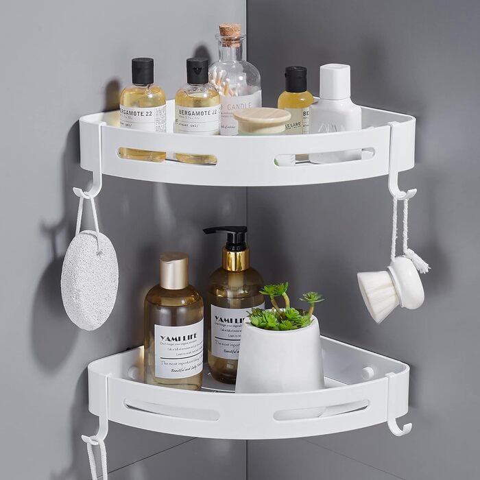 Hoomtaook Shower Shelf Shower Caddy White No Drilling Corner, Bathroom Shelf Bathroom Caddy Aluminum Shower Basket Bathroom Organizer Accessories Matte Finish Shower Baskets & Shower Shelves 2 Pieces with Hooks White