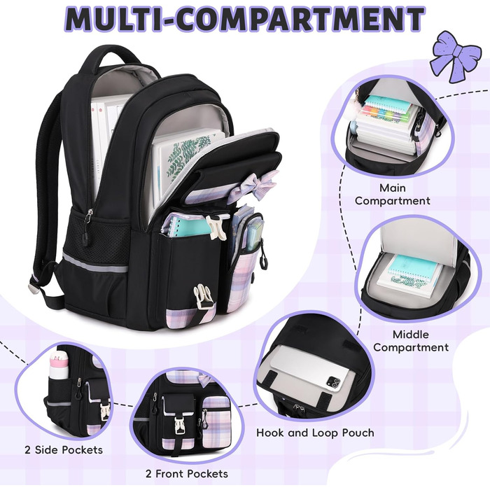 Шкільний рюкзак Tanou для дівчаток, водонепроникний, з візком, 9-16 років, чорний