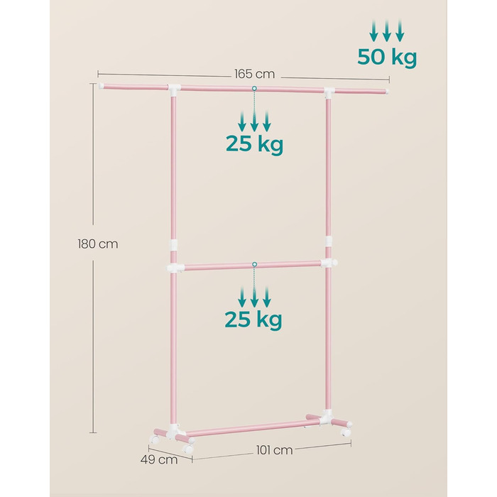 SONGMICS Clothes Rack with 2 Clothes Rods, Extendable Clothes Rail, with Wheels, Coat Rack, Height Adjustable between 113 and 180 cm, Lower Rod Adjustable, Pastel Pink LLR401R01