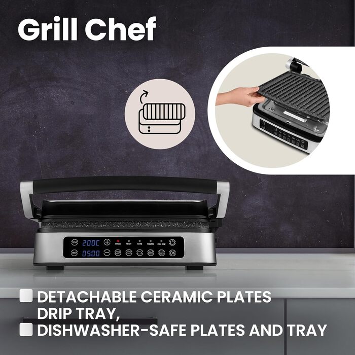 Grill Chef Electric Contact Grill and Sandwich Toaster 2100W, Removable Heating Plates, 2in1, 180° Foldable, Non-Stick Coating, Drip Tray, Acoustic Notifications (SILVER)