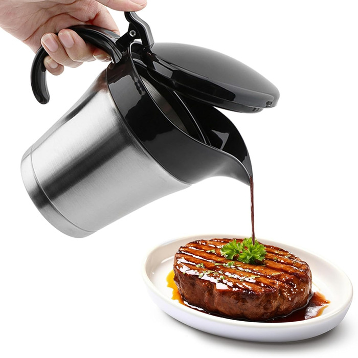Double-walled stainless steel gravy boat with hinged lid, 500 ml sauce dish for serving sauces or cream (Size: 500 ml)