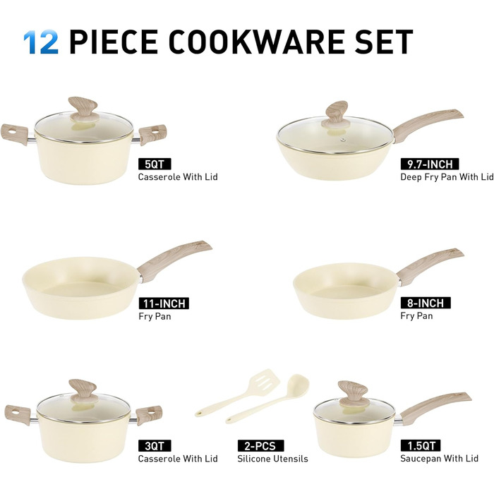 Набір посуду Kitchen Academy 12 предметів: каструлі та сковороди з антипригарним покриттям. Підходить для Induktion, газових та мікрохвильових плит, бежевий