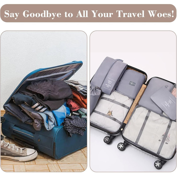Органайзер для валізи - Набір 8 штук Packing Cubes для подорожей, система організації валізи, набір кубиків для пакування (Сірий)