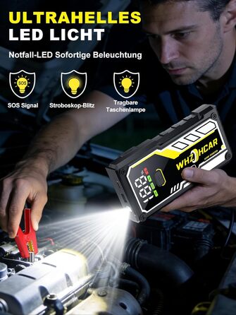 Powerbank для автомобіля 8000A 12V – Пусковий пристрій, бустер для акумулятора, зарядний пристрій для бензинових та дизельних авто (до 10л) з LCD дисплеєм, LED ліхтарем та кабелями для підключення (чорний)