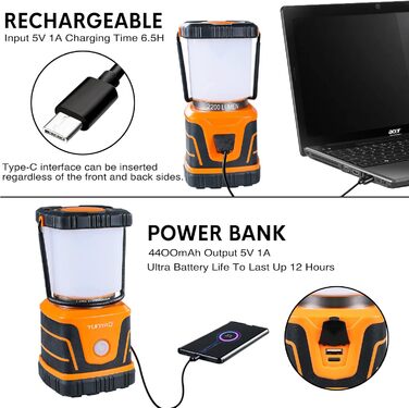 LED Camping Lantern, Rechargeable, 2200 lm, 4 Light Modes, 4400 mAh Power Bank, IP44 Waterproof, Camping Light, Portable Flashlight for Storm, Emergency, Home, USB Cable Included