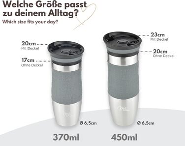 Термокружка Milu 370 мл, 450 мл: сталева, подвійні стінки, для кави з собою, не протікає, автокружка, термокружка, travel mug (сірий)