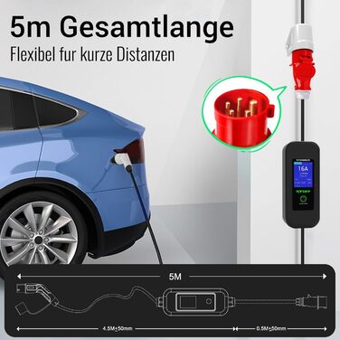 Зарядний пристрій (Wallbox) мобільний 11 кВт, кабель 5м, CEE 16A, для електромобілів Tesla Model Y/3, VW ID.3/4/5, MG4, EX30, Audi e-tron, Renault Zoe