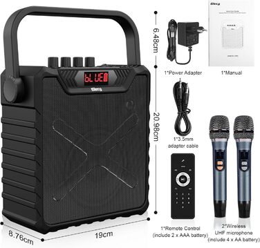 Портативна караоке-машина з 2 UHF мікрофонами, Bluetooth, підсилювач басів для дітей та дорослих, PA-система