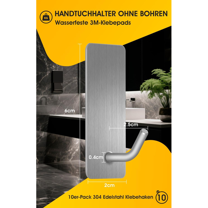 Набір гачків для рушників без свердління, 10 шт., самоклеючі гачки з нержавіючої сталі 304, міцні клейкі гачки для великих предметів, клейкі гачки для ванної, туалету та кухні, стійкі до іржі, срібні