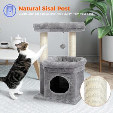 PAWZ Road Cat Tree, Multi-Level Cat Tower with Sisal-Covered Scratching Post, Cozy Cat Condo, and Large Cat Perch for House Cats (Gray)