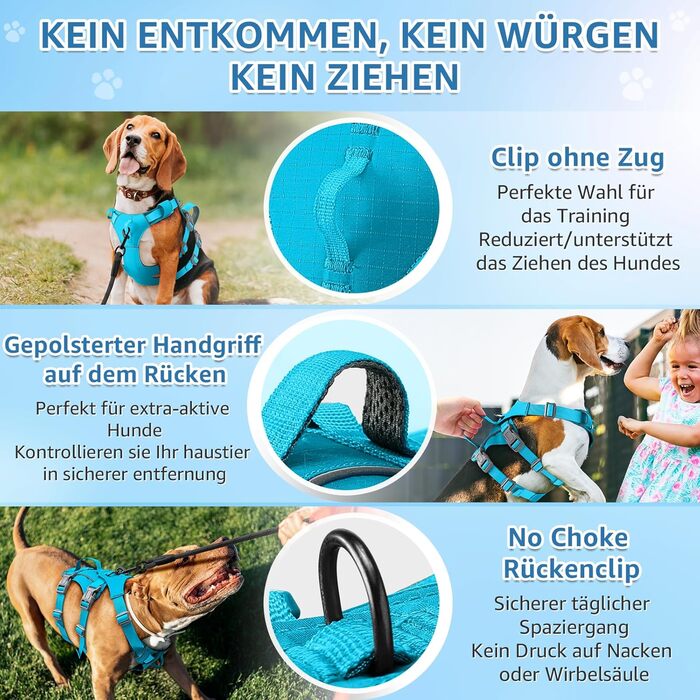 Нашийник для собак маленьких та середніх порід, не тягне, дихаючий, з ручкою, світловідбиваючий, нейлон, для прогулянок та повсякденного використання (Блакитний, L/XL)