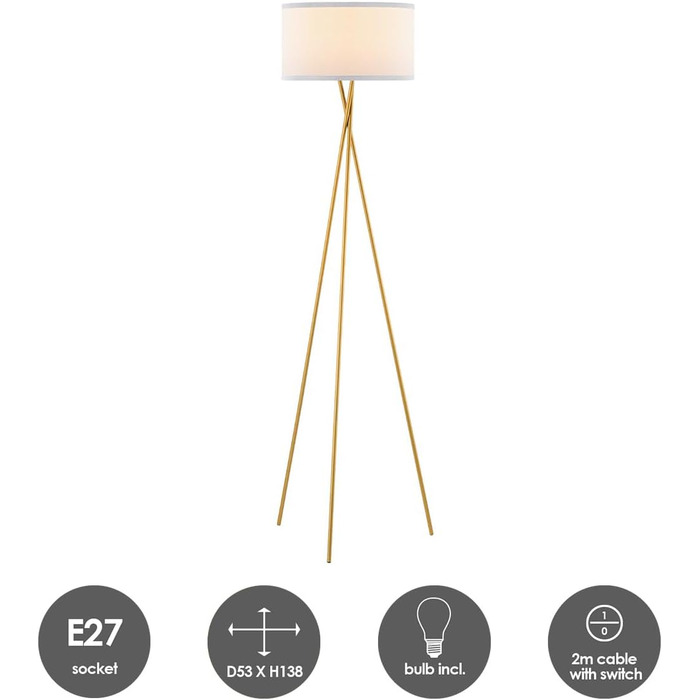 Стійка лампа Home Sweet Home в стилі ретро з триногою, золотий метал, абажур білий, E27 LED 4W, 2700K, 138 см