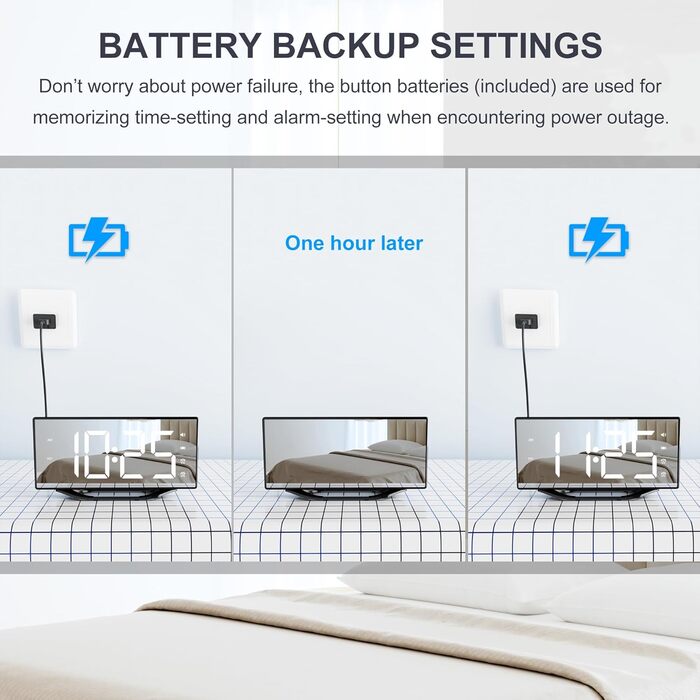 Loud alarm clock with bed shaker for heavy sleepers, digital dual alarm clock with vibration, 8.7'' LED mirror alarm clock for children, teenagers, 7 volume levels and dimmer, battery backup, snooze, 12/24H-DST