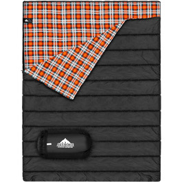 Cotton Flannel Double Sleeping Bag for Camping, Hiking, and Backpacking - Queen Size 2 Person Waterproof Sleeping Bag for Adults & Teens - Lightweight (Black/Orange)