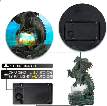 TERESA'S COLLECTIONS 22cm Garden Dragon Figurine with Solar Light, Garden Statue Solar Glass Balls Lighting Waterproof Bronze Resin Garden Figures for Outdoors, Lawn Gifts for Women