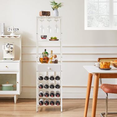 IBUYKE Wine Rack, 4-Tier Freestanding Wine Rack with Glass Holder and Drawer, 16 Bottle Rack Countertop Wine Rack with Tabletop Storage, for Kitchen, Bar, Dining Room, White TMJ905W
