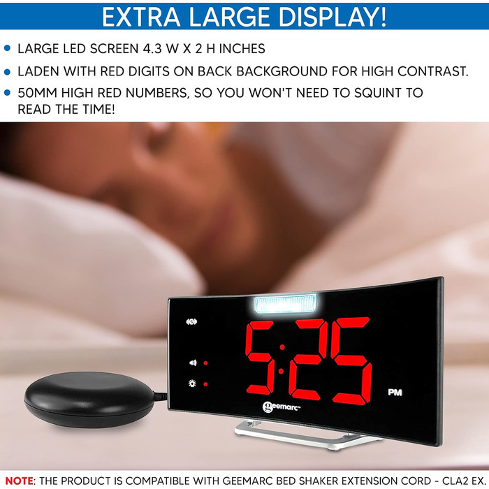 Alarm clock with a powerful 95dB alarm, vibrating pad, large display, and strobe light - The Geemarc Wake 'N' Shake Curve will wake you from deep sleep - USB charging port - Version DE