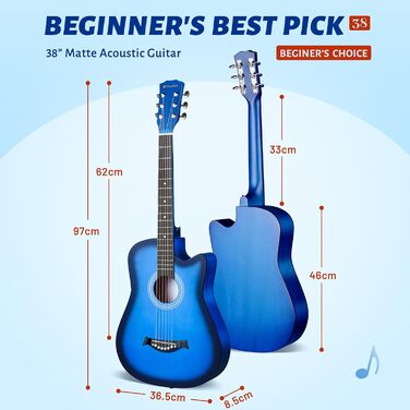 Акустична гітара CAHAYA 38 дюймів: Комплект для початківців, дітей та дорослих, з чохлом, запасними струнами, каподастром, медіаторами, наклейками на лади, синій CY0354