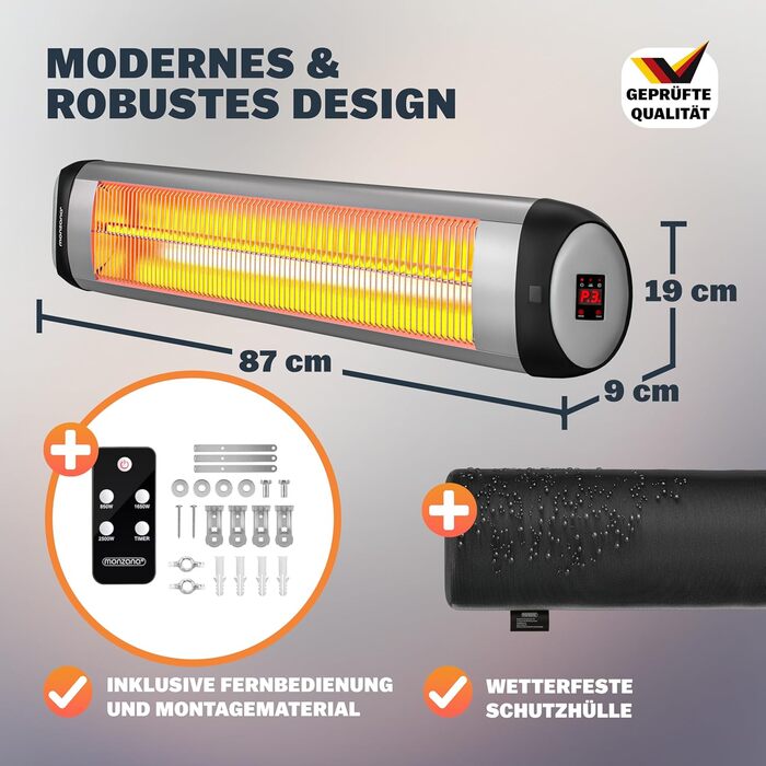Інфрачервовий обігрівач MONZANA® MZH2501 з таймером, 2500W, 3 режими, 24 год, пульт ДУ, кут нахилу 90°, електричний, для тераси (сріблястий)