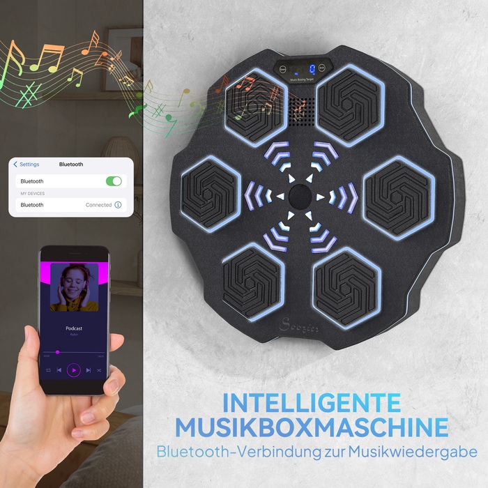 SPORTNOW Музична боксерська машина, електронна Bluetooth боксерська машина з музикою, 9 швидкостей, 3 режими, настінна смарт-ціль для боксу зі світлодіодними ліхтарями, для дорослих, домашні тренування, Чорний | Aosom
