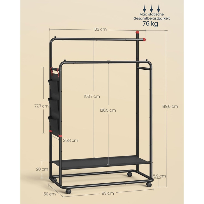 SONGMICS HOME Rolling Garment Rack, Coat Rack, 2 Clothes Rods, Shelf, Side Organizer, Match-Shaped Hooks, Stable, Bedroom, Hallway, Ink Black HSR171B01