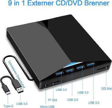 Зовнішній USB 3.0 CD/DVD привід-записувач з Type-C та багатофункціональним картрідером (USB, SD, TF) для ноутбука та ПК, Windows/Linux