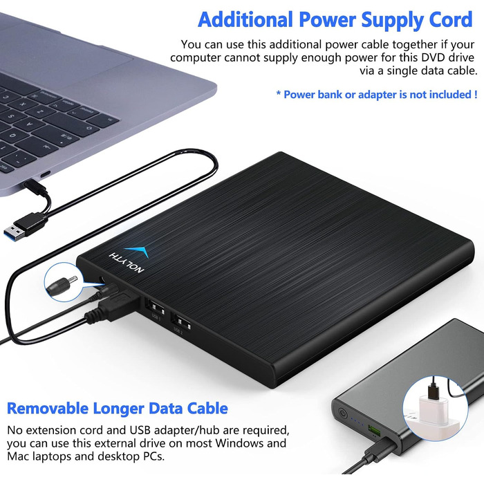 Зовнішній CD/DVD-привід USB 3.0 Type-C з аудіовиходом та USB-портами, тонкий DVD-RW плеєр та записувач для ноутбука, MacBook, Apple, чорний