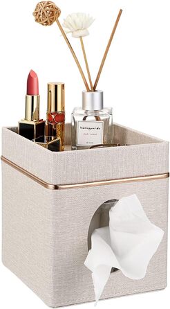 BTSKY Square Linen Tissue Box Holder with Top Shelf – Household Office Table Tissue Box with Jewelry Holder on Top, Beige
