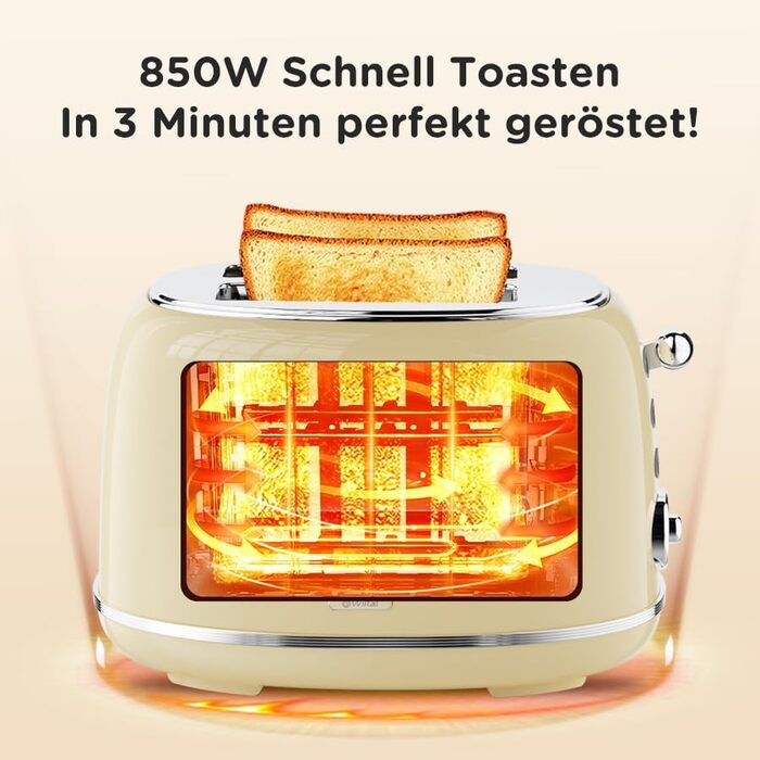 Ретро тостер на 2 тости з нержавіючої сталі – з підставою для булочок, 6 рівнів підсмажування, функція підігріву та розморожування, автовимкнення, кремовий колір, ідеальний для сендвічів та тостів – TS-R008