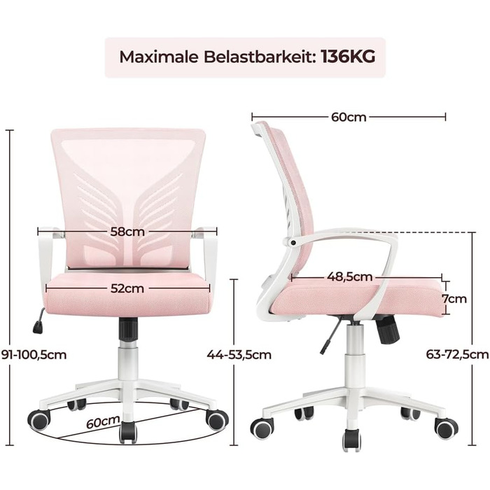 Крісло офісне Yaheetech ергономічне з регулюванням висоти, поворотне, з м'яким сидінням, для офісу/кабінету, світло-рожеве (2 шт)