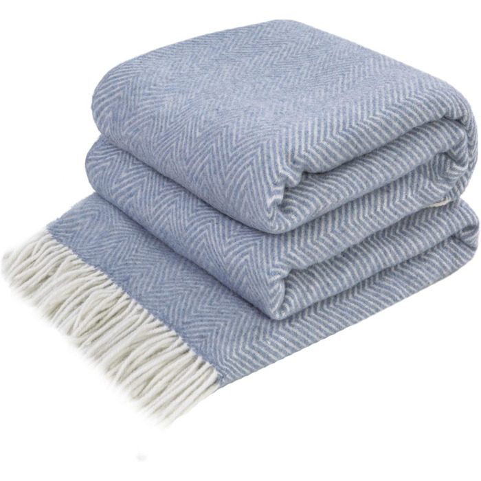 LYHome Merino Blanket - Throw Blanket, Daybed Blanket, Sofa Wool Blanket, Blanket Coverlet, Living Room Blanket, Fluffy Couch Blanket, Merino Blanket, Fluffy Warm Throw (140x200 cm | Blue - White Chevron)