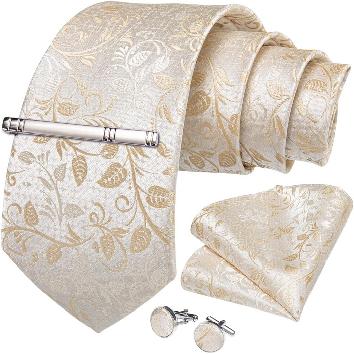 Чоловіча краватка DiBanGu Paisley шовкова, формальна + нагрудна хустинка + запонки + зажим для краватки, шампань