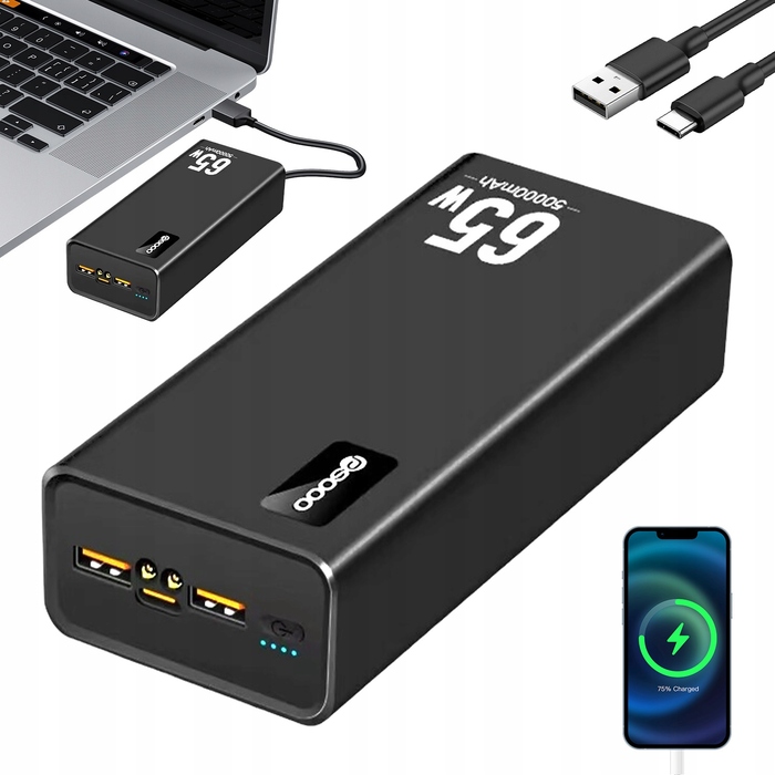 Потужний павербанк 50 000 mAh, чорний, з 4 USB-портами та швидкою зарядкою