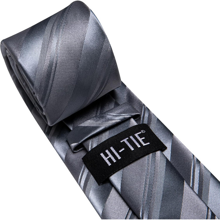 Комплект краваток для чоловіків Hi-Tie: краватка, нагрудна хустинка, кравецькі шпильки, запонки, формальний шовк, для весілля та свят (смугастий темно-сірий)