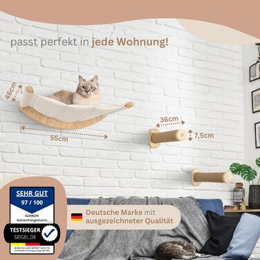 AZANO® Cat Wall | Cat Hammock XL [Extra Stable and Large] with Cat Ladder for the Wall | Cat Ladder with Sleeping Place | Climbing Cat Bed made of Natural Wood | 3-Piece (with Scratching Posts)
