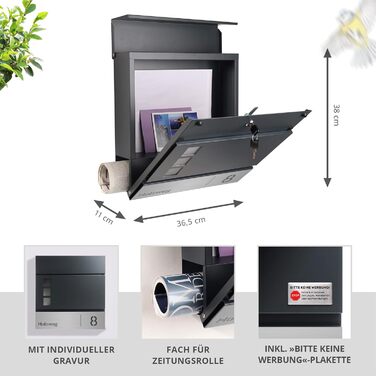 Поштовий ящик Forgard Helsingborg антрацит з газетницею, RAL 7016, персоналізований, з монтажним комплектом. З цинкової сталі, сучасний дизайн.