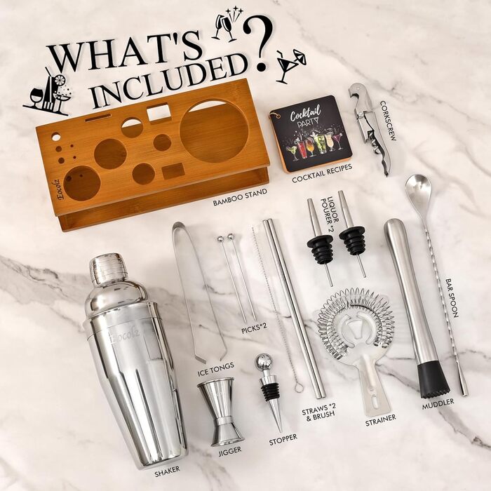 Cocktail Shaker Set with Bamboo Stand & Recipe Book - 750ml Stainless Steel Bar Set with 17-Piece Cocktail Mixing Kit - Bartender Gift for Women