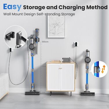 Акумуляторний пилосос Dzaki, 45KPa, бездротовий, без мішка, з дисплеєм, антизаплутувальна щітка, 55 хв роботи, знімний акумулятор, для твердих поверхонь, шерсті тварин, килимів, авто, блакитний