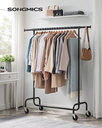 SONGMICS Clothes Rack with Wheels, Clothes Rail, Heavy-Duty, Extendable Clothes Rod, Load Capacity up to 110 kg, 45 x (160-200) x 162.9 cm, Metal, Chrome, HSR176E01 ((110-150)B cm, Matte Black)