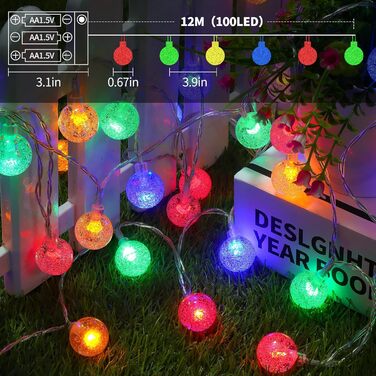 Ланцюжок прикрас RJEDL з 100 LED кулями, 12 м, IP67, з пультом, для декору балкона, вечірки, саду (тепле біле світло)