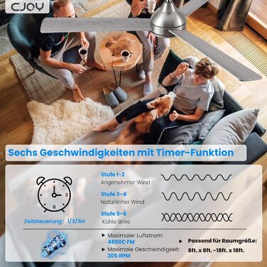 Стеляний вентилятор CJOY з підсвічуванням, 107 см, з пультом керування, тихий, DC, реверсивний, пам'ять 3CCT, диммування, 6 швидкостей, таймер для спальні (132 см - срібний)