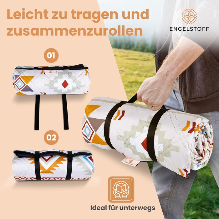 Engelstoff® Waterproof Picnic Blanket - Boho Blanket 200x200 cm - XXL Beach Blanket - Waterproof Blanket for Outdoor Use, Insulated, for Swimming Pools, Beach, Park, Travel, Hiking, Playground, Camping including e-Book