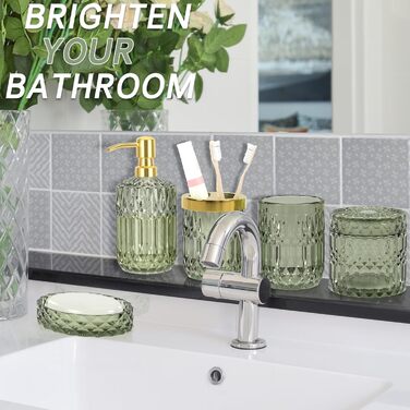 Набір аксесуарів для ванної кімнати зі скла (5 предметів), набір дозаторів для мила зі скла з нержавіючої сталі, елегантний сучасний декор для ванної кімнати, подарунок на День святого Валентина, день народження або новосілля (Shallowgreen)