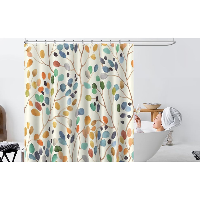 Шторка для душу Amaredom з квітковим малюнком для ванної кімнати, кольорові листки, комплект з гачками - 120x200 см