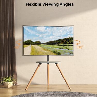 Adjustable TV Stand with Easel Design - Fits 43-65 inch TVs, Max VESA 400x400mm, 35kg Weight Capacity, Wood Tray - White (Black)